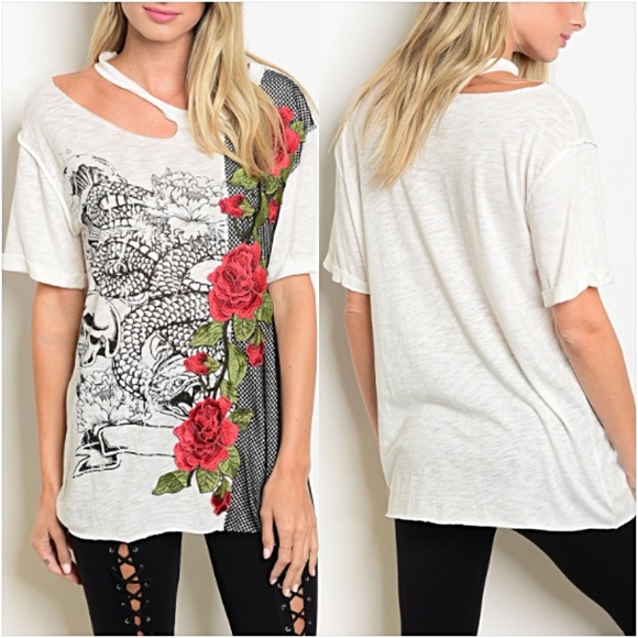 Distressed Rose Skull Graphic Tunic Tee SML - Picture 3 of 8